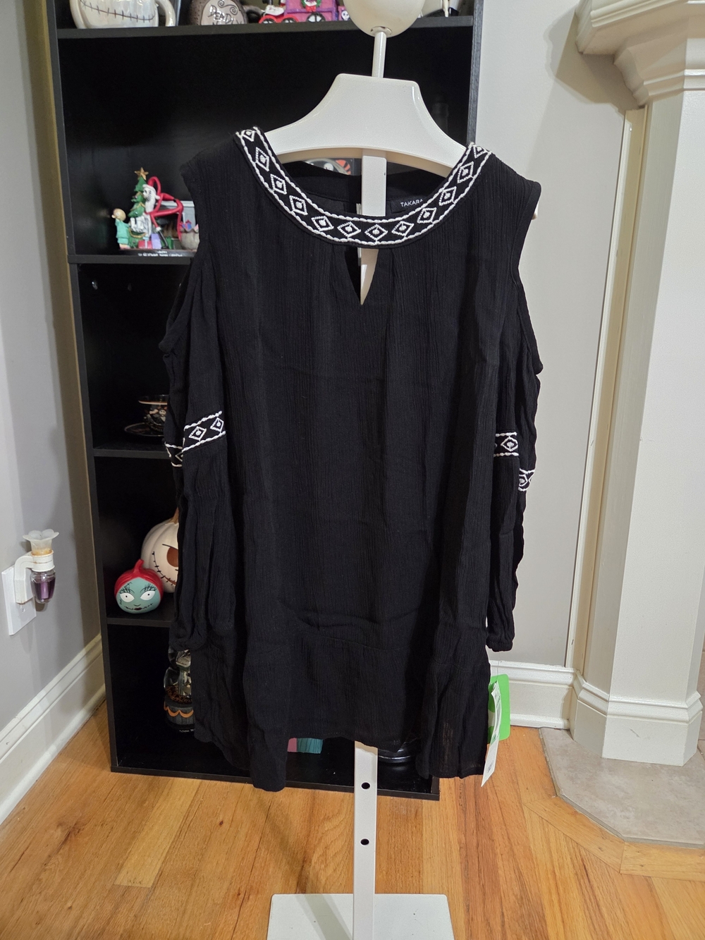 Takara Black Cold-Shoulder Tunic with White Embroidered Neckline